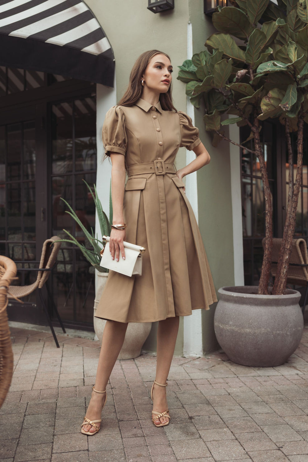 Cocktail Dresses Midi A Line Short Pleated Cocktail Dress Mac Duggal 69097 Taupe