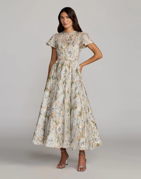 Crew High-Neck Tea-Length Lace Evening A-Line Mac Duggal 69107