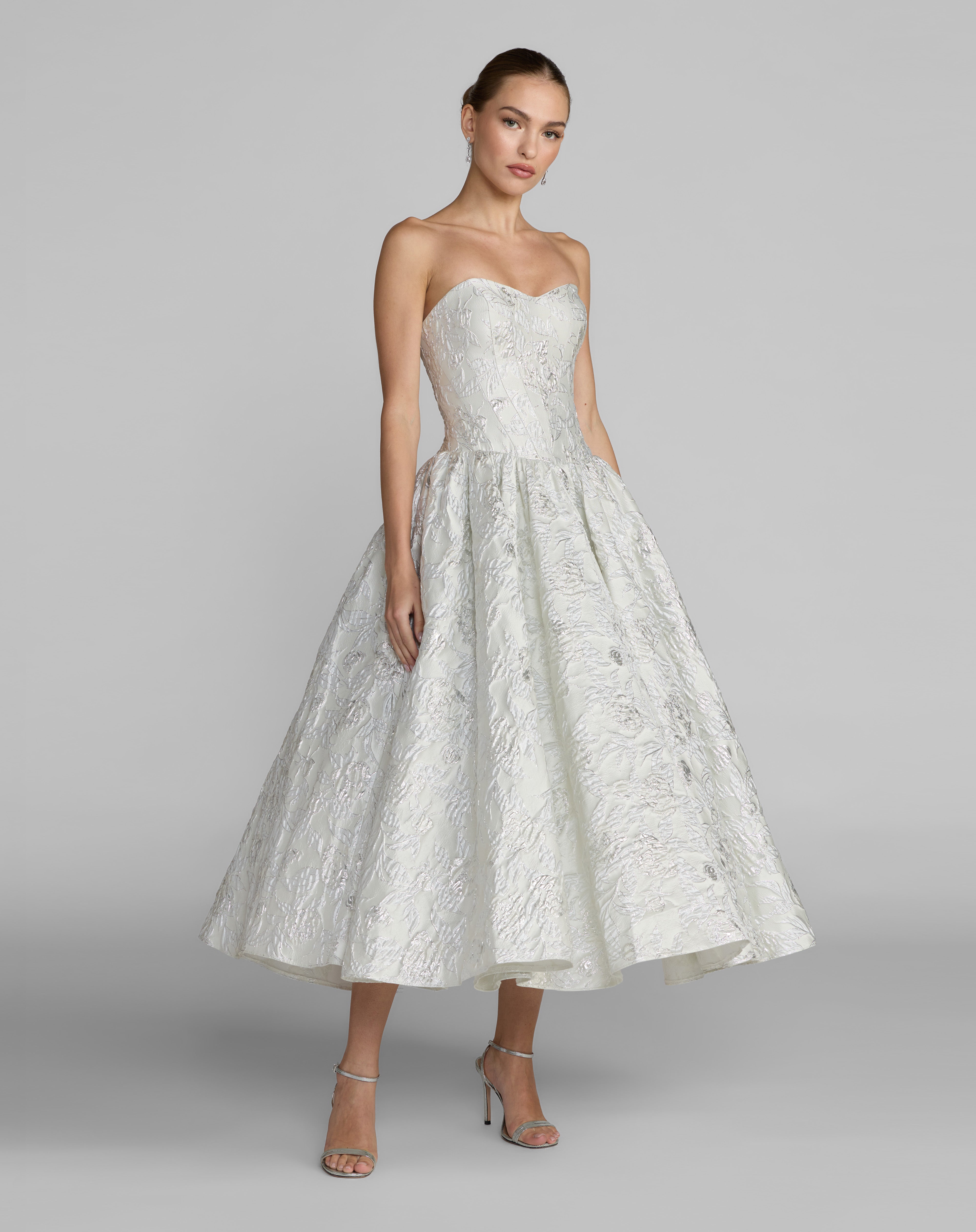 Strapless Curved Neck Tea-Length Satin Occasion A-Line Mac Duggal 69146