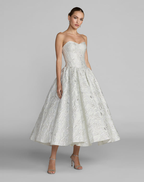 Strapless Curved Neck Tea-Length Satin Occasion A-Line Mac Duggal 69146
