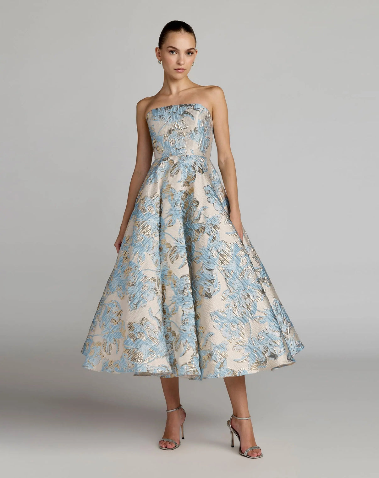 Strapless Tea-Length Brocade Cocktail Dress by Mac Duggal 69149 in Powder Blue
