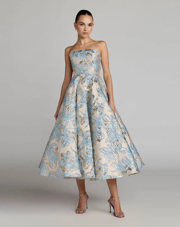 Strapless Tea-Length Brocade Cocktail Dress by Mac Duggal 69149