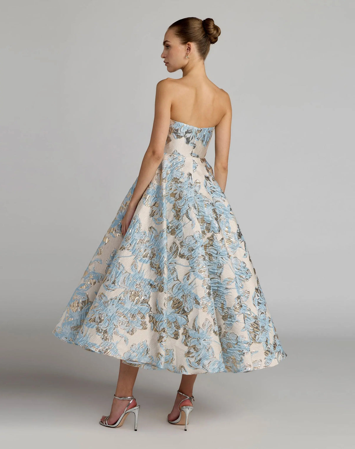 Strapless Tea-Length Brocade Cocktail Dress by Mac Duggal 69149 in Powder Blue