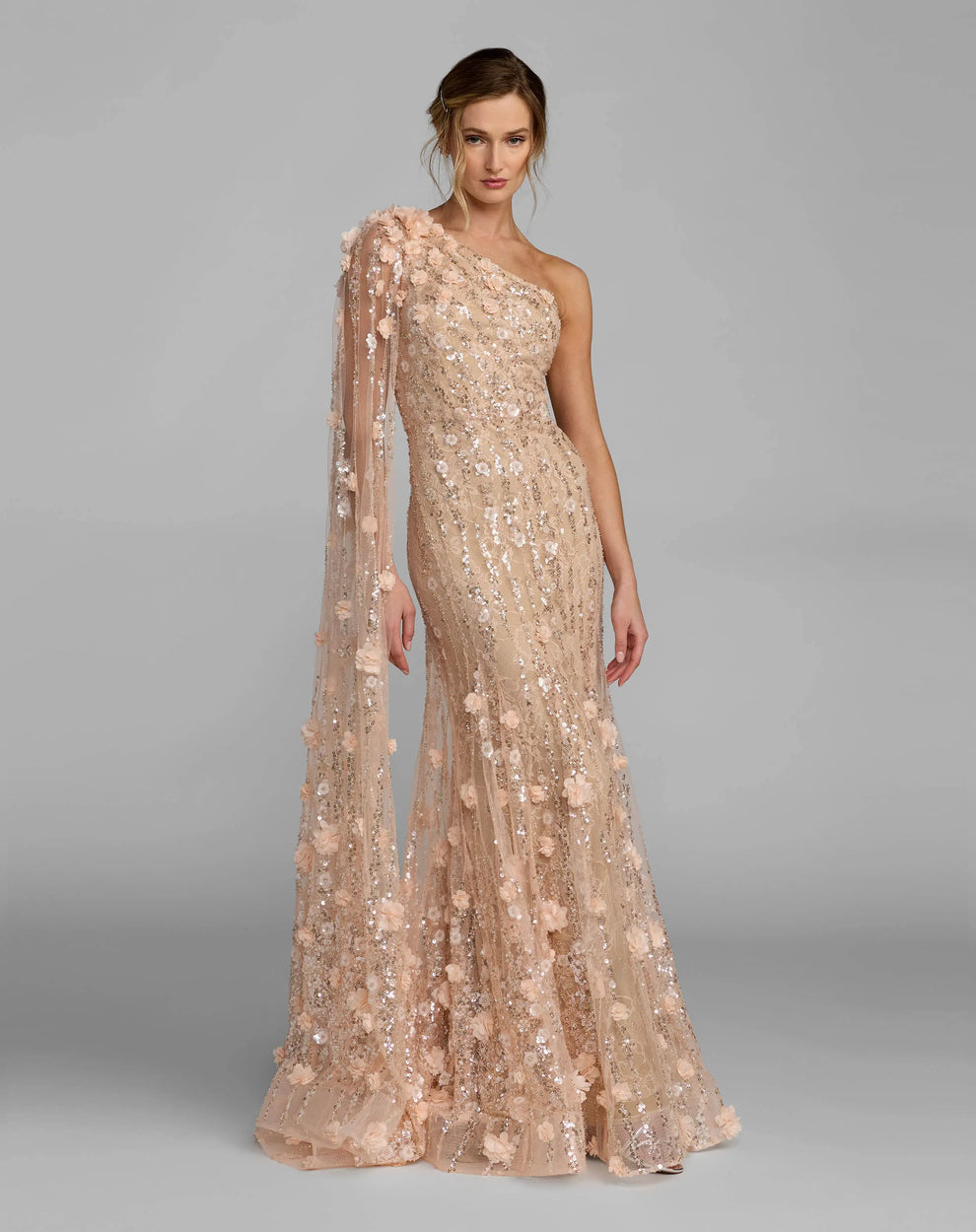 Porcelain One-Shoulder Floor-Length Sequin Formal Dress Capelet Mac Duggal 69190