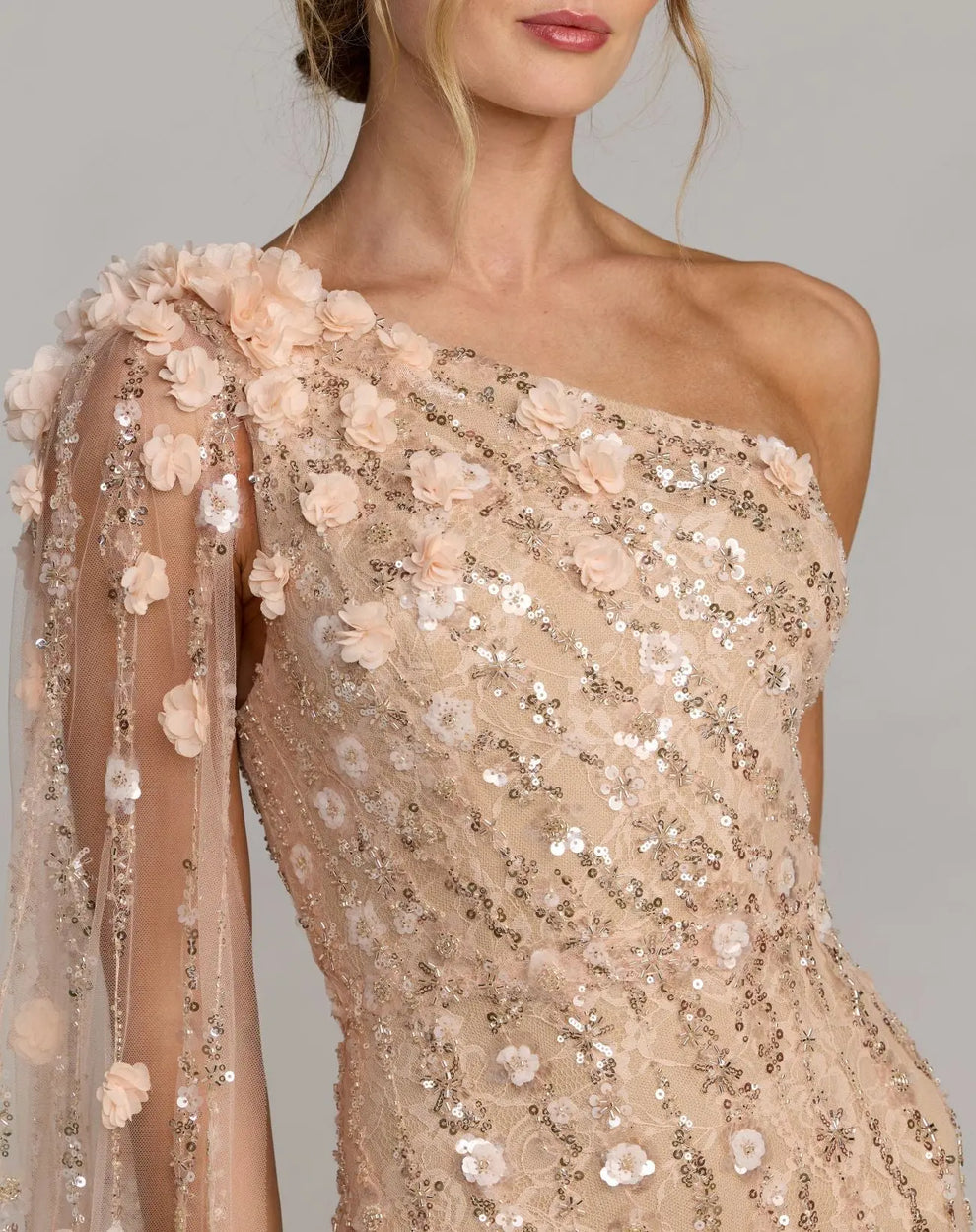 Porcelain One-Shoulder Floor-Length Sequin Formal Dress Capelet Mac Duggal 69190