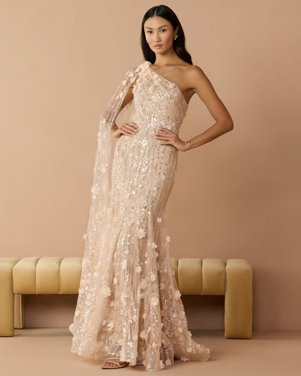 One-Shoulder Floor-Length Sequin Formal Dress Capelet Mac Duggal 69190