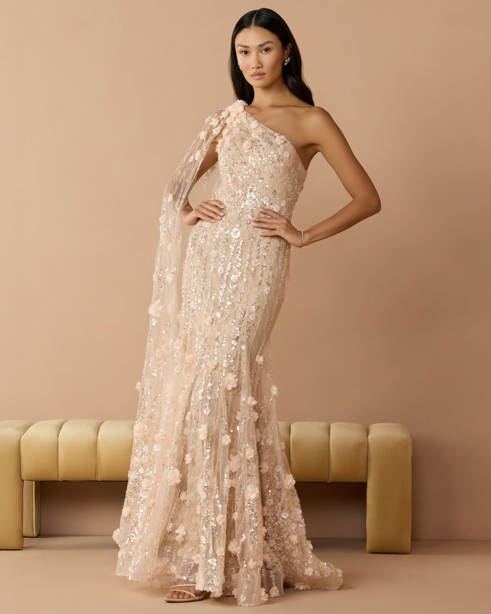 Porcelain One-Shoulder Floor-Length Sequin Formal Dress Capelet Mac Duggal 69190