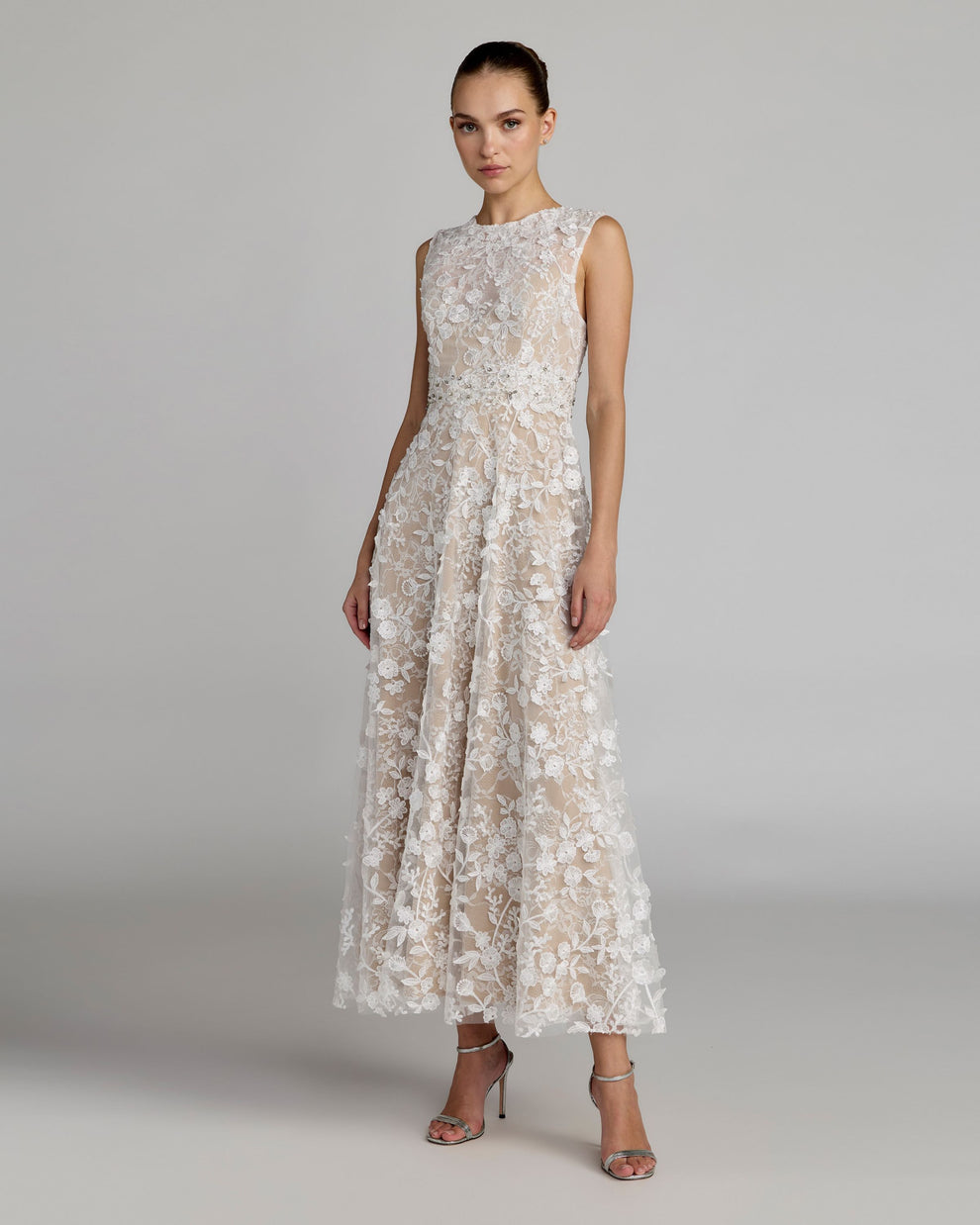 Cocktail Dresses Floral Midi A Line Lace Cocktail Dress Mac Duggal 69192 Ivory Nude