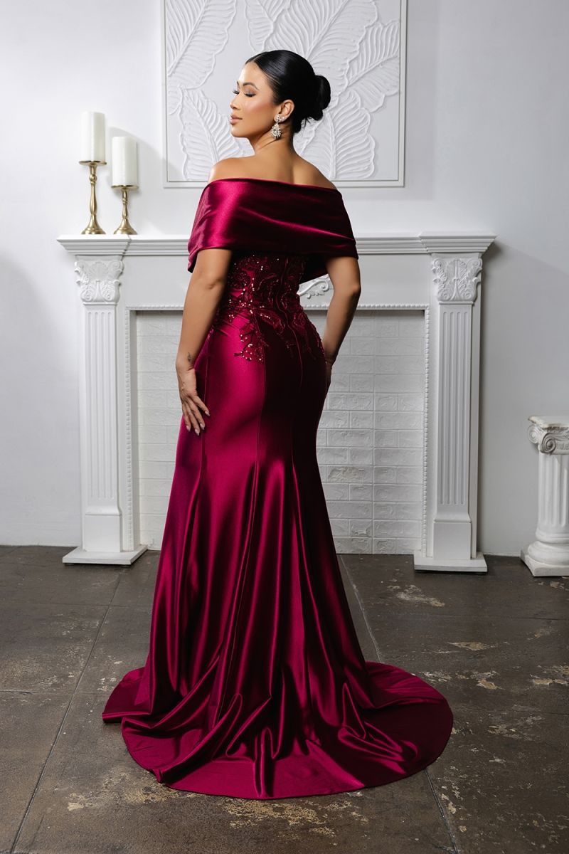 Off-the-Shoulder Floor-Length Satin Formal Dress Sheath May Queen 2174