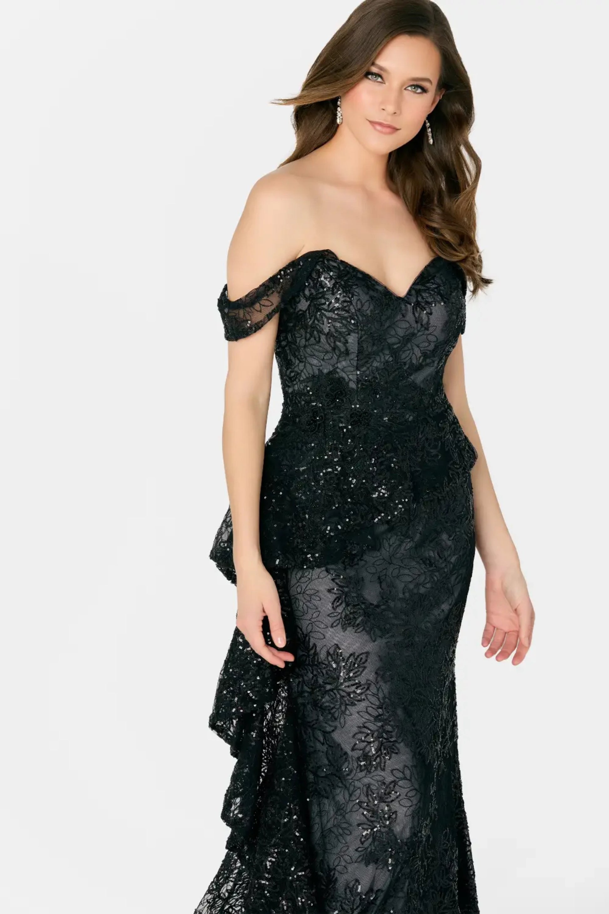 Cameron Blake CB791 Long Formal Ruffle Sequin Evening Mermaid Dress