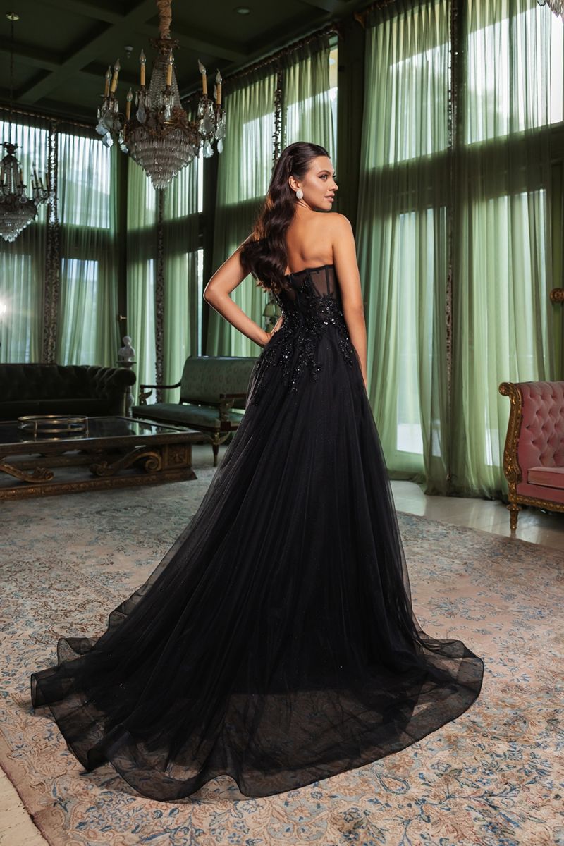 Black Strapless Floor-Length Tulle Prom Dress High Slit May Queen RQ8135