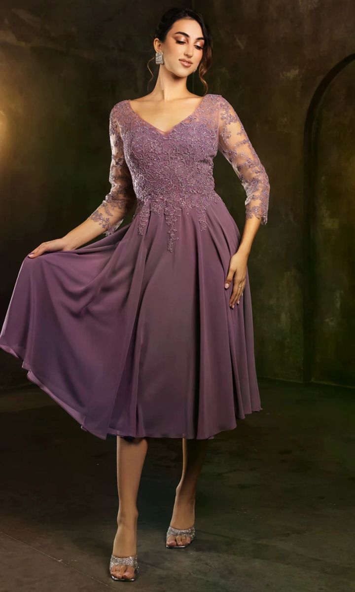 V-Neck Tea-Length Chiffon Mother of the Bride A-Line May Queen 2108