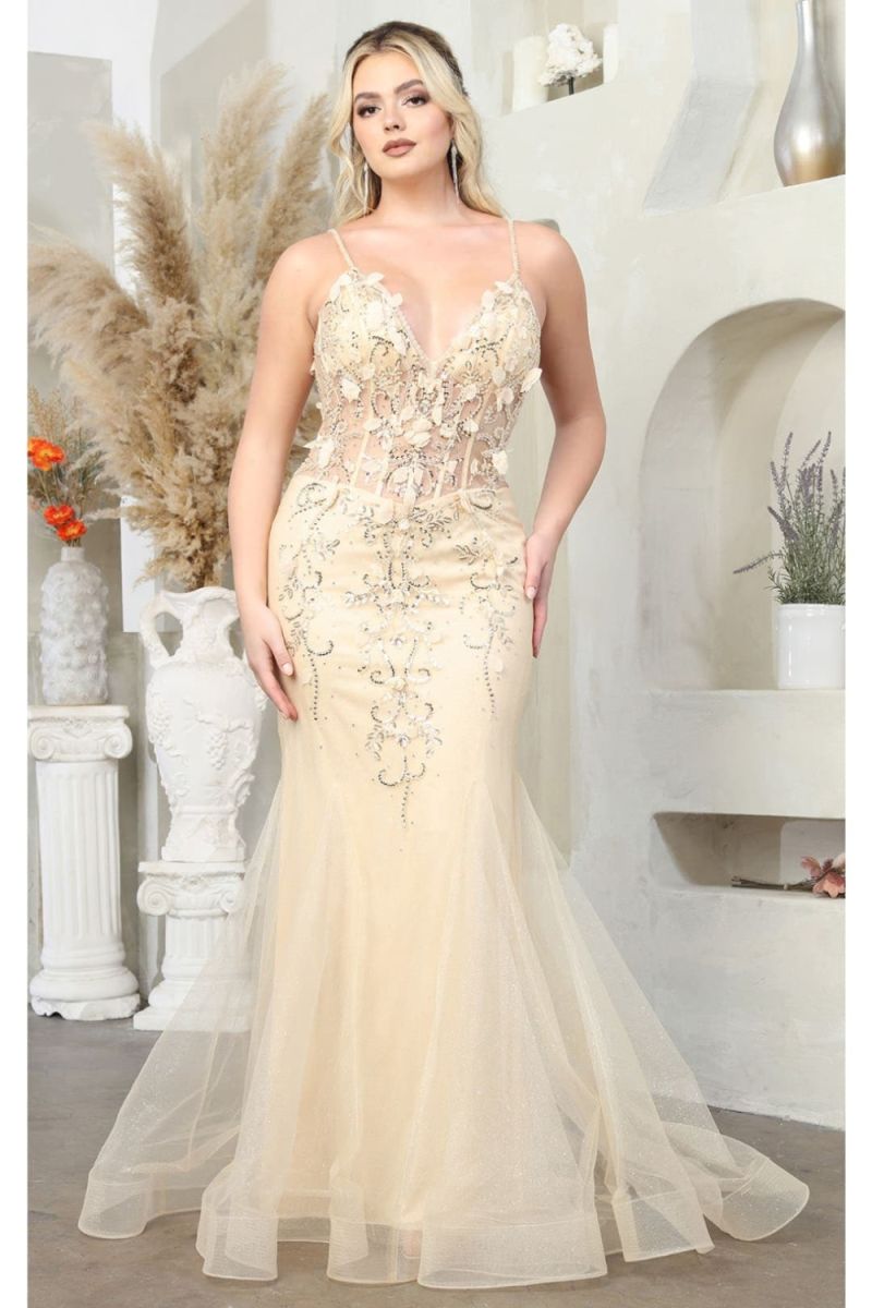 Champagne/Gold V-Neck Floor-Length Tulle Prom Dress May Queen RQ8030