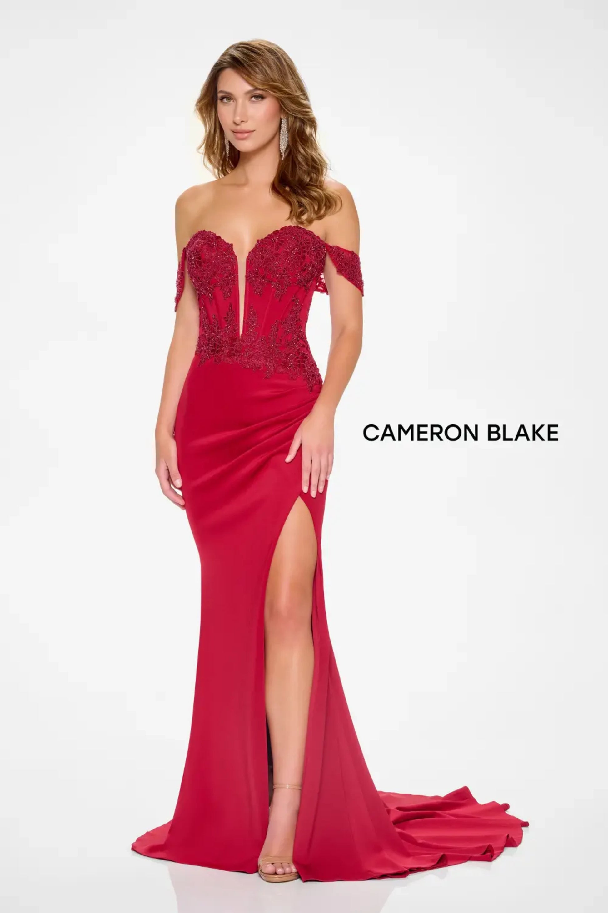 Cameron Blake CB208 Beaded Long Formal Lace Applique Mermaid Dress