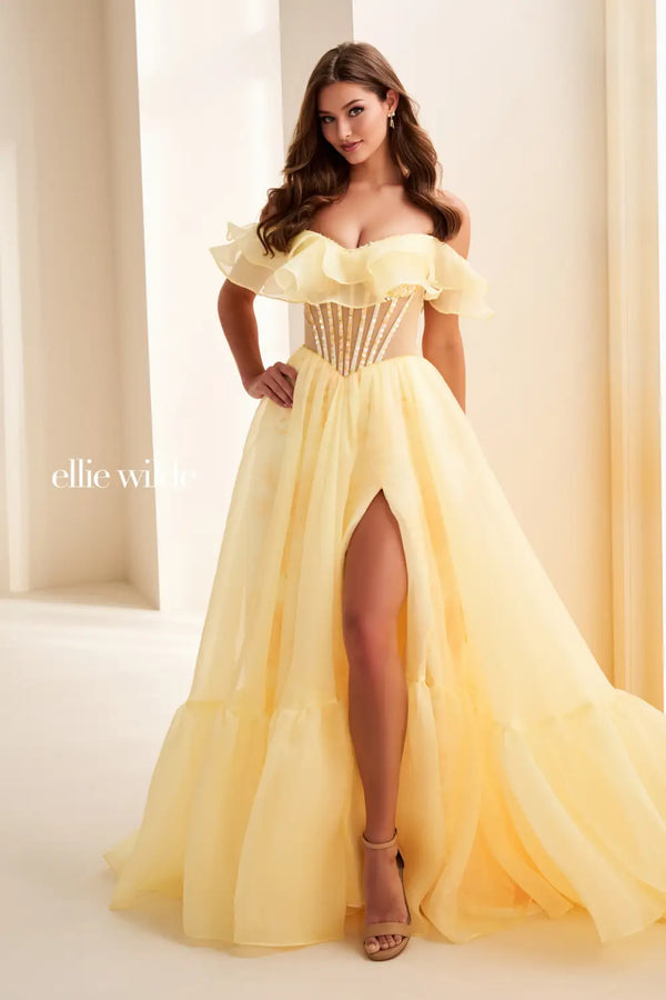 Ellie Wilde 37029 Ruffle Long Formal Corset Ball Gown Prom Dress