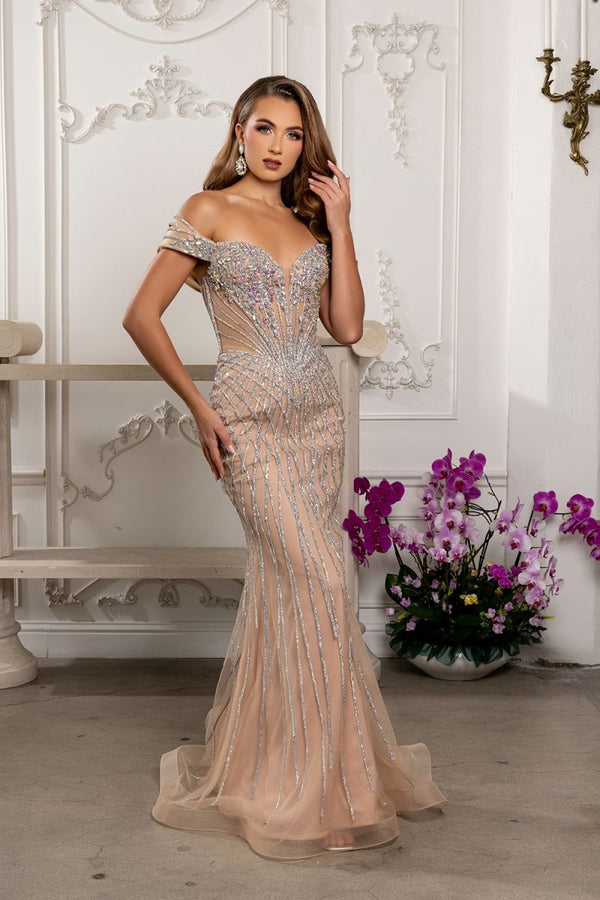 Off-the-Shoulder Floor-Length Mesh Prom Corset Dress May Queen RQ8267