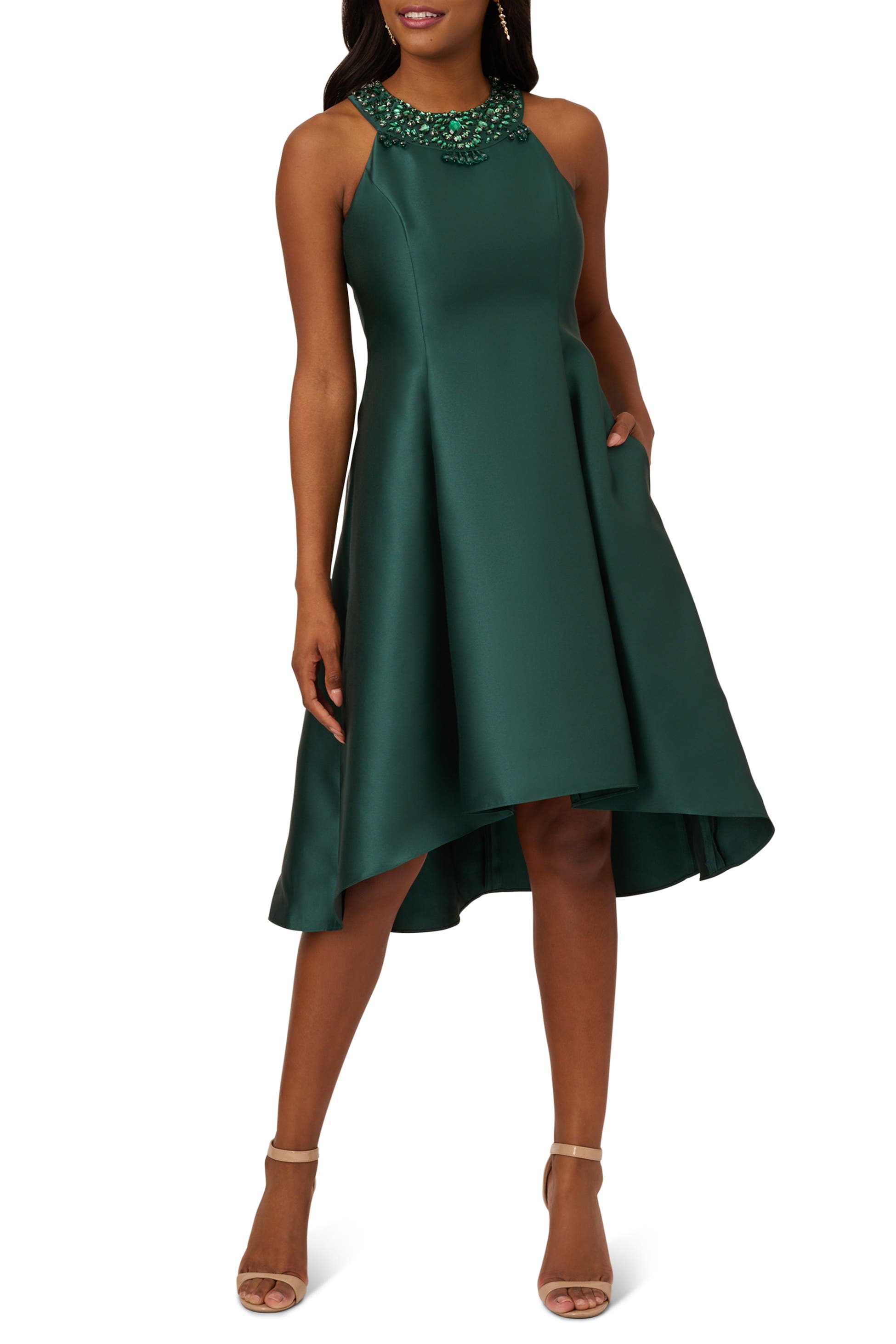 Dark Forest Adrianna Papell AP1E201904 Jeweled High-Neck Satin Cocktai Dress High-Low