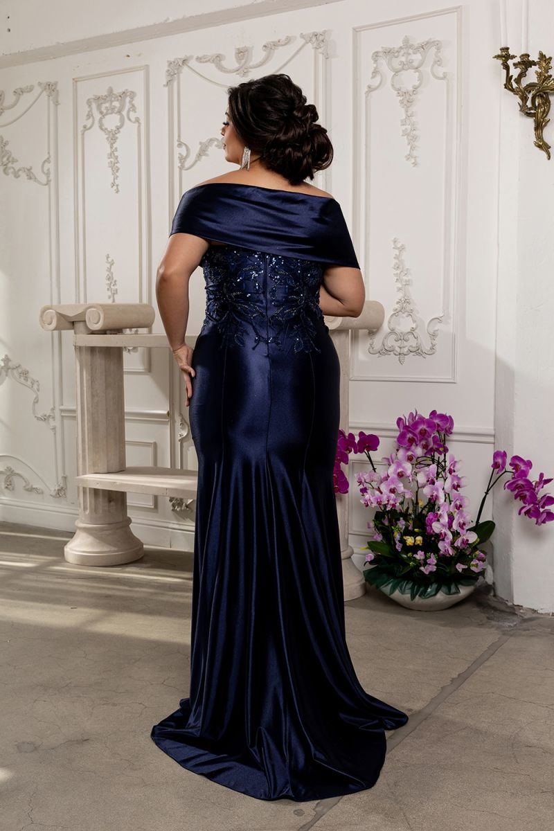 Off-the-Shoulder Floor-Length Satin Formal Dress Sheath May Queen 2174