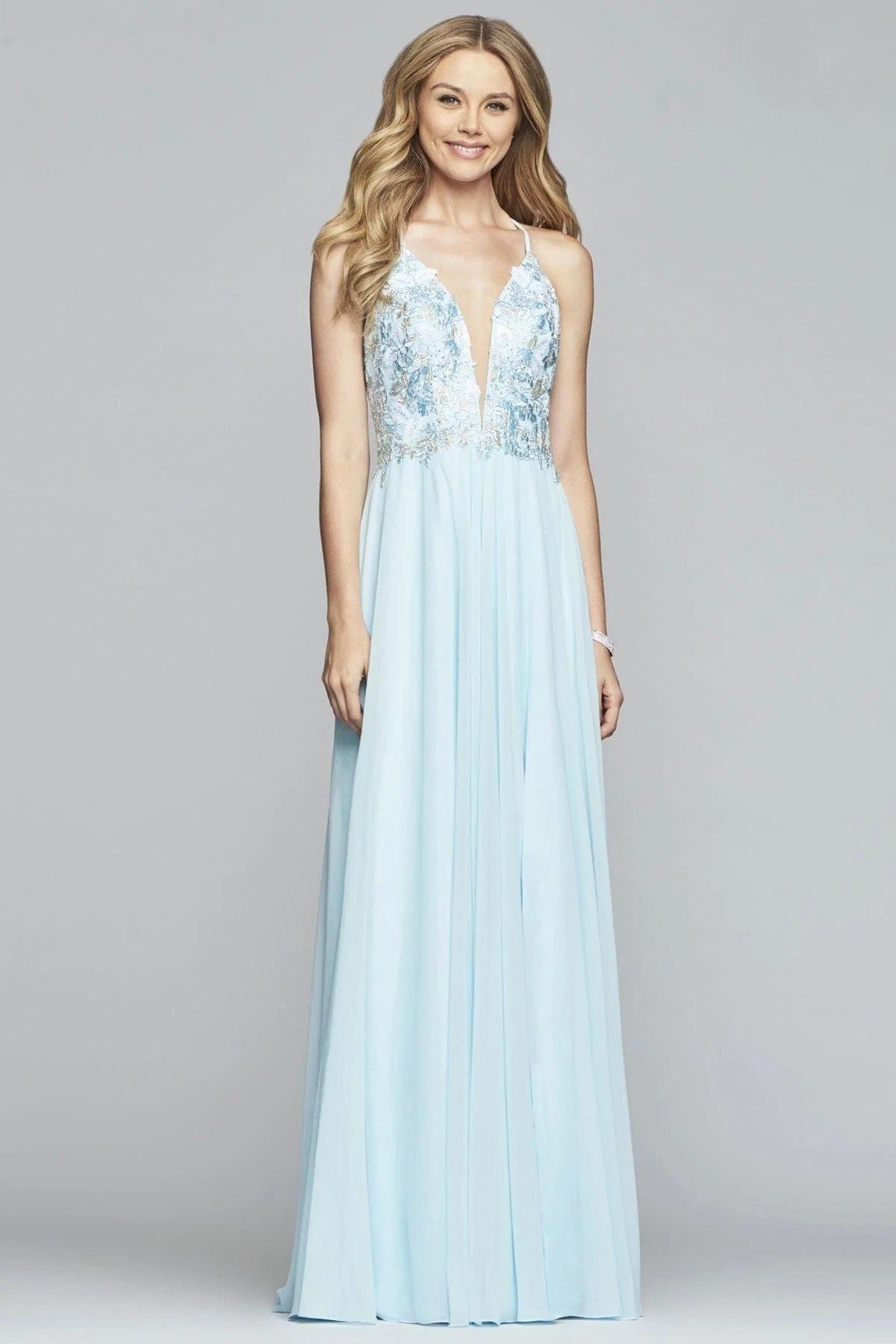 Prom Dresses Long Formal A Line Applique Slit Prom Dress Ice Blue