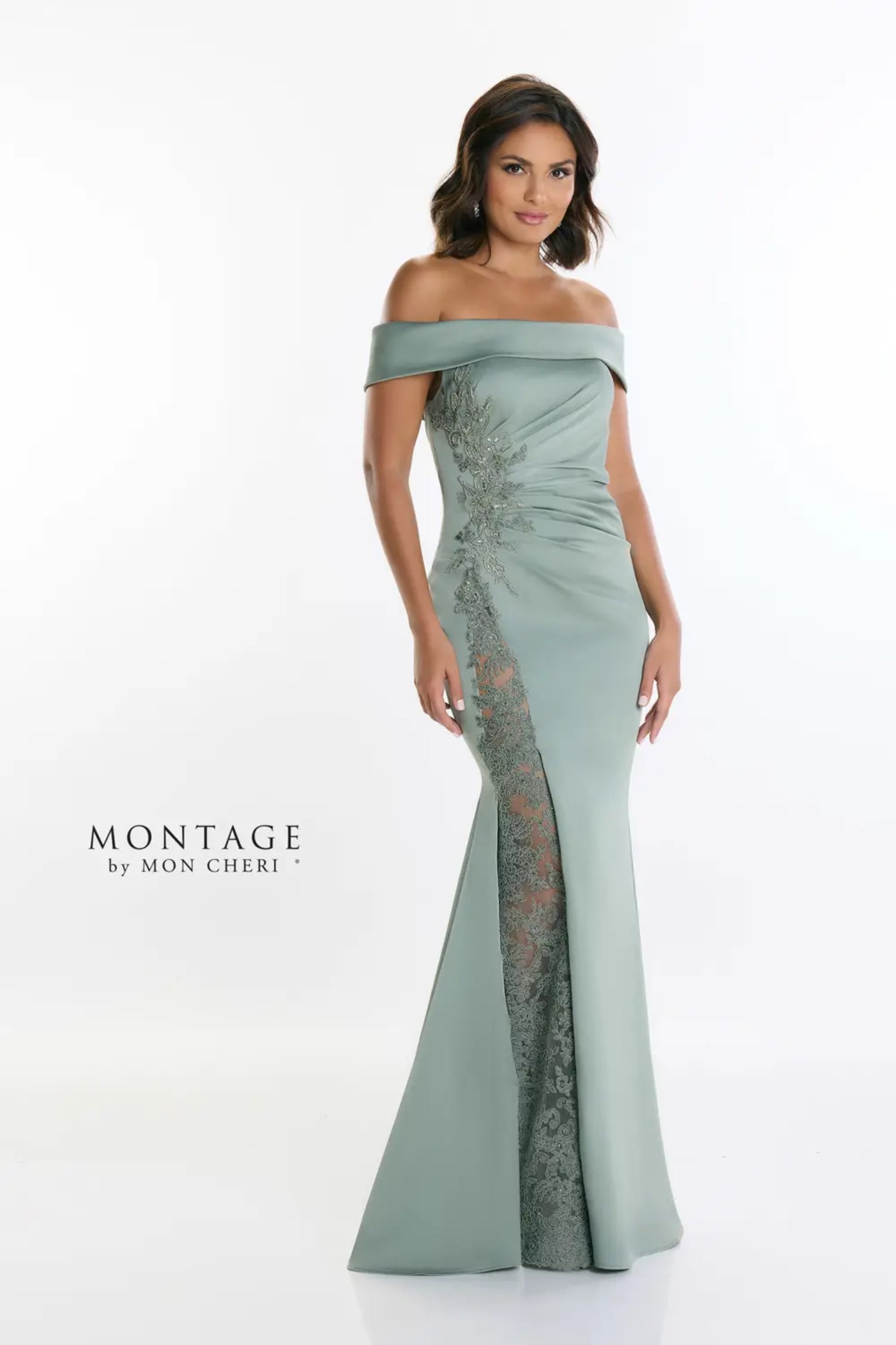 Montage M535 Long Formal Beaded Lace Applique Evening Dress