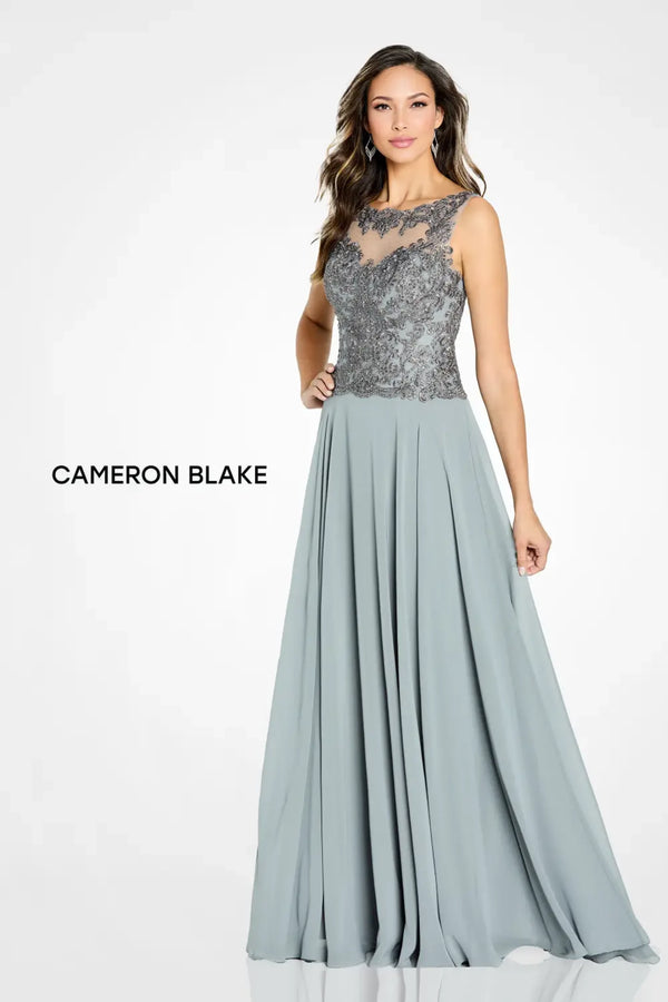 Cameron Blake CB138 A Line Long Metallic Lace Formal Evening Dress