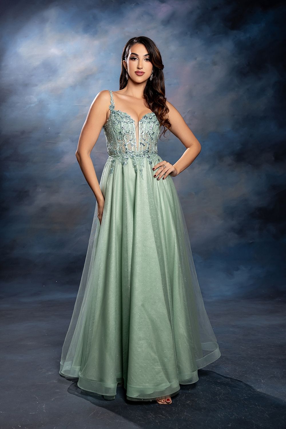 V-Neck Floor-Length Tulle Prom A-Line May Queen MQ2212