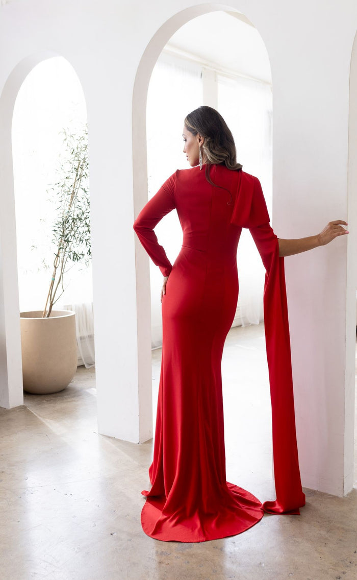 Formal Dresses Sleeves Overlay Long Evening Formal Dress Red