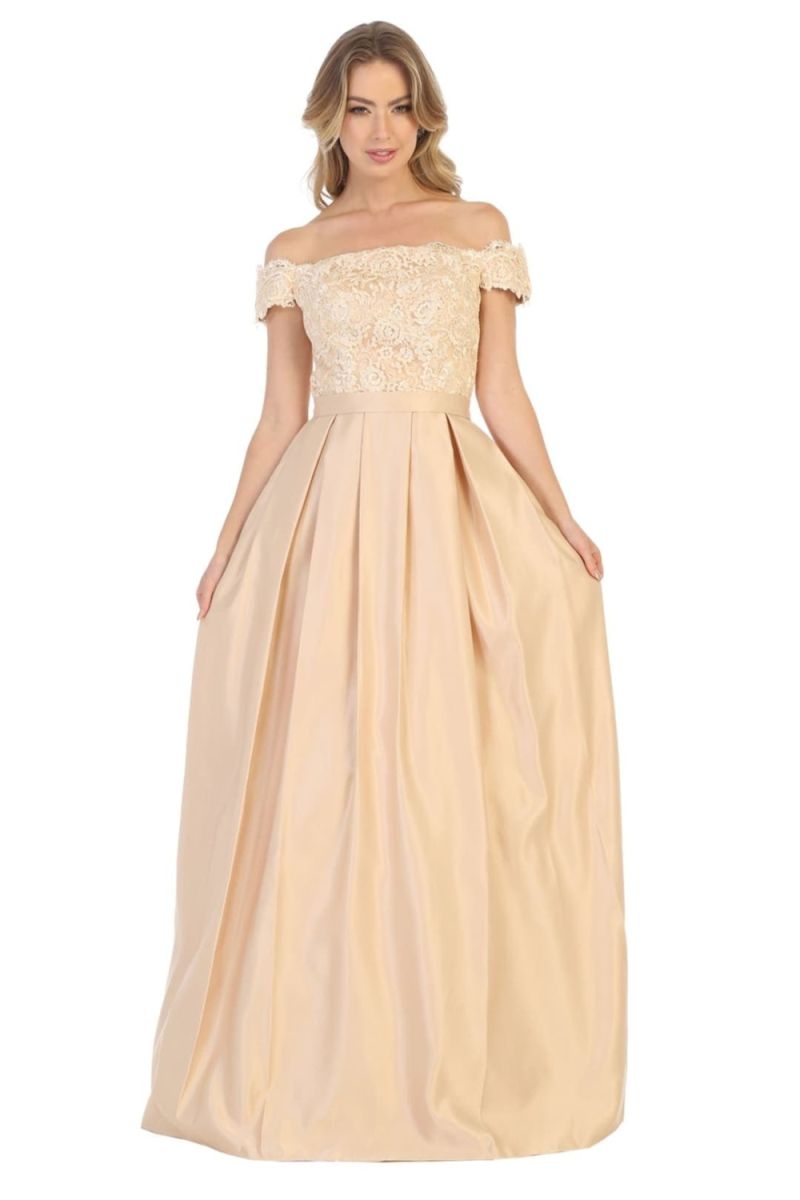 Champagne Off-the-Shoulder Floor-Length Lace Satin Formal Dress Pockets May Queen MQ1762