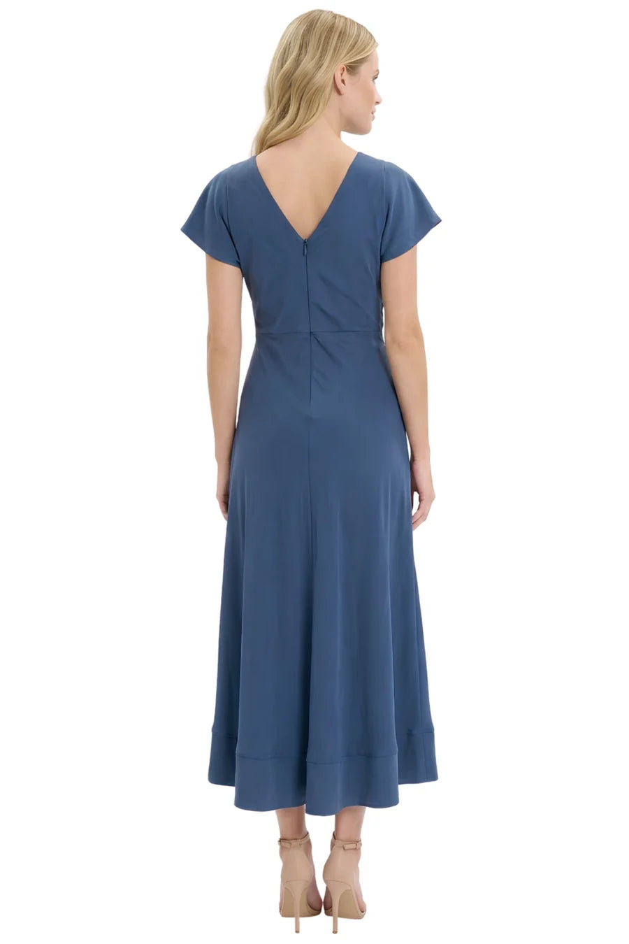 Maggy London G7100M blue satin midi dress with flutter sleeves and V-back, back view