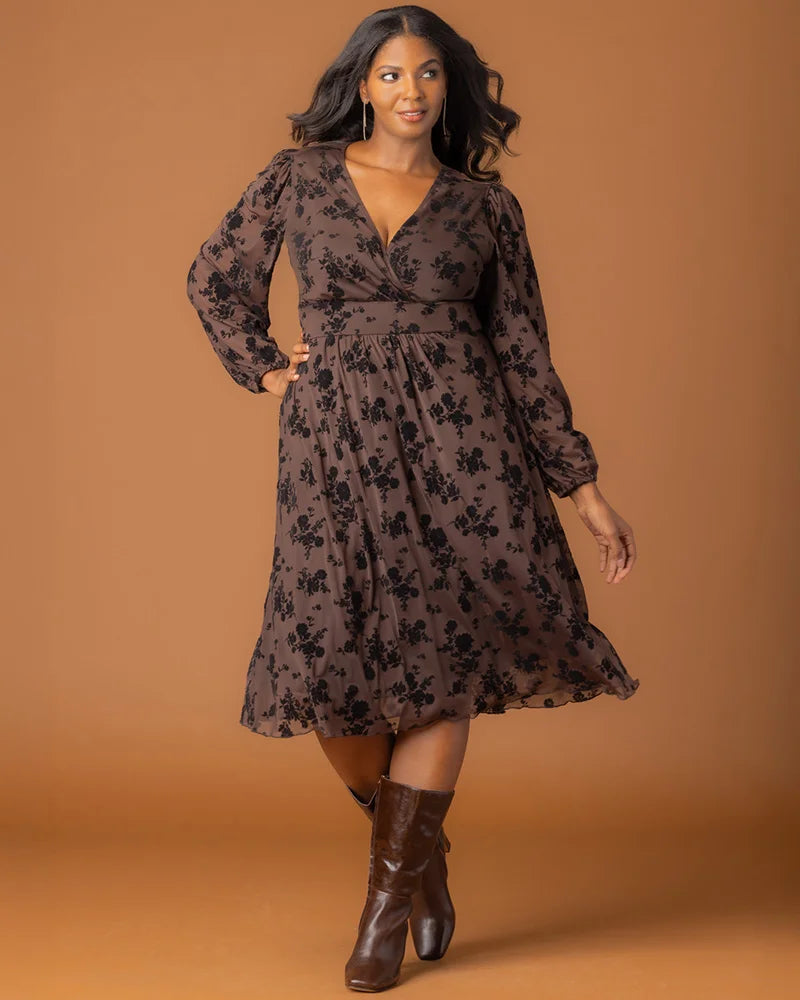 Plus Size Dresses Short Floral Midi Cocktail Plus Size Dress Kiyonna 17253601 Sable Flocked Florals