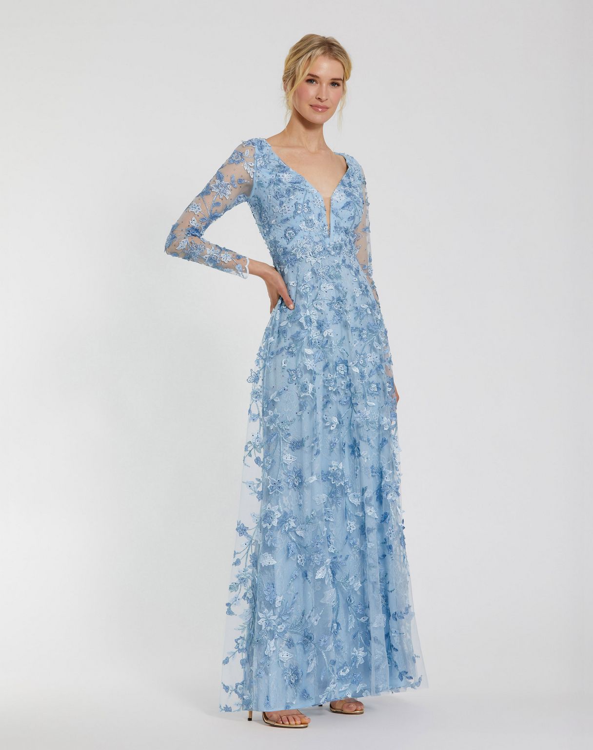 Mac Duggal - Blue Floral Applique Long Sleeve Illusion Gown - US 14 Mac Duggal - Blue Floral Applique Long Sleeve Illusion Gown - US 14