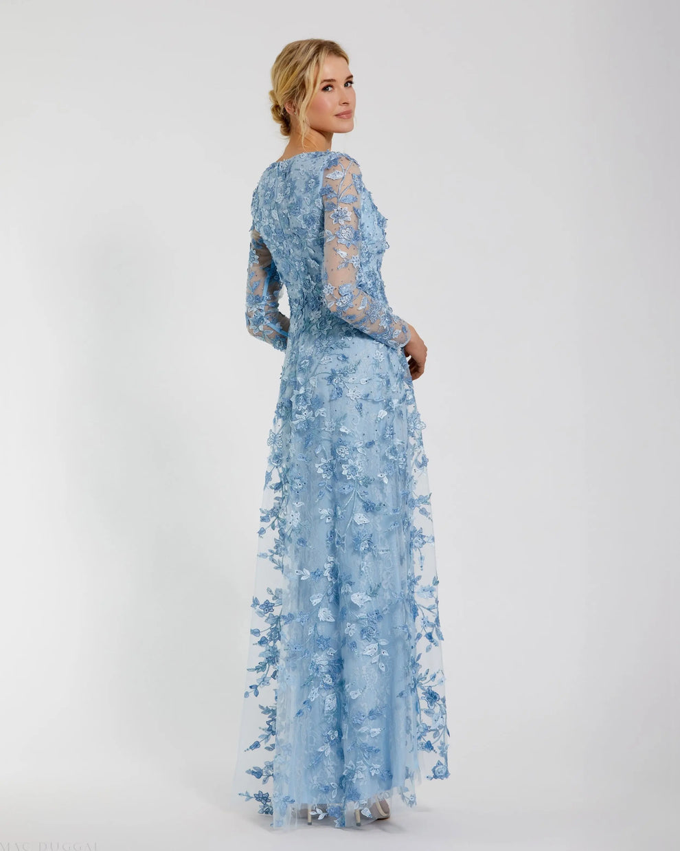 Mother of the Bride Dresses Floral Applique Long Sleeve Formal Mother of the Bride Dress Mac Duggal 70224 Powder Blue