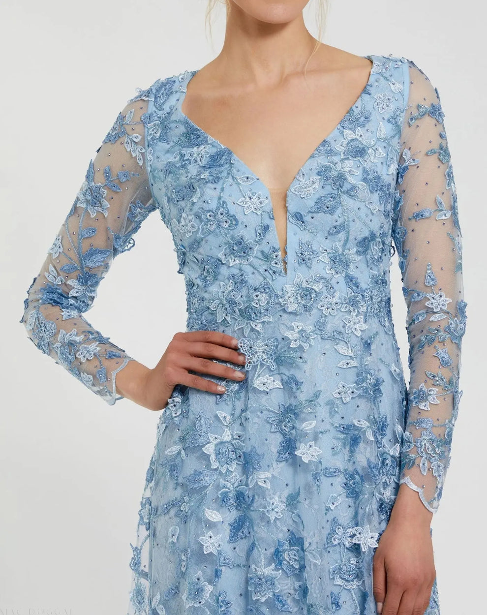 Mother of the Bride Dresses Floral Applique Long Sleeve Formal Mother of the Bride Dress Mac Duggal 70224 Powder Blue