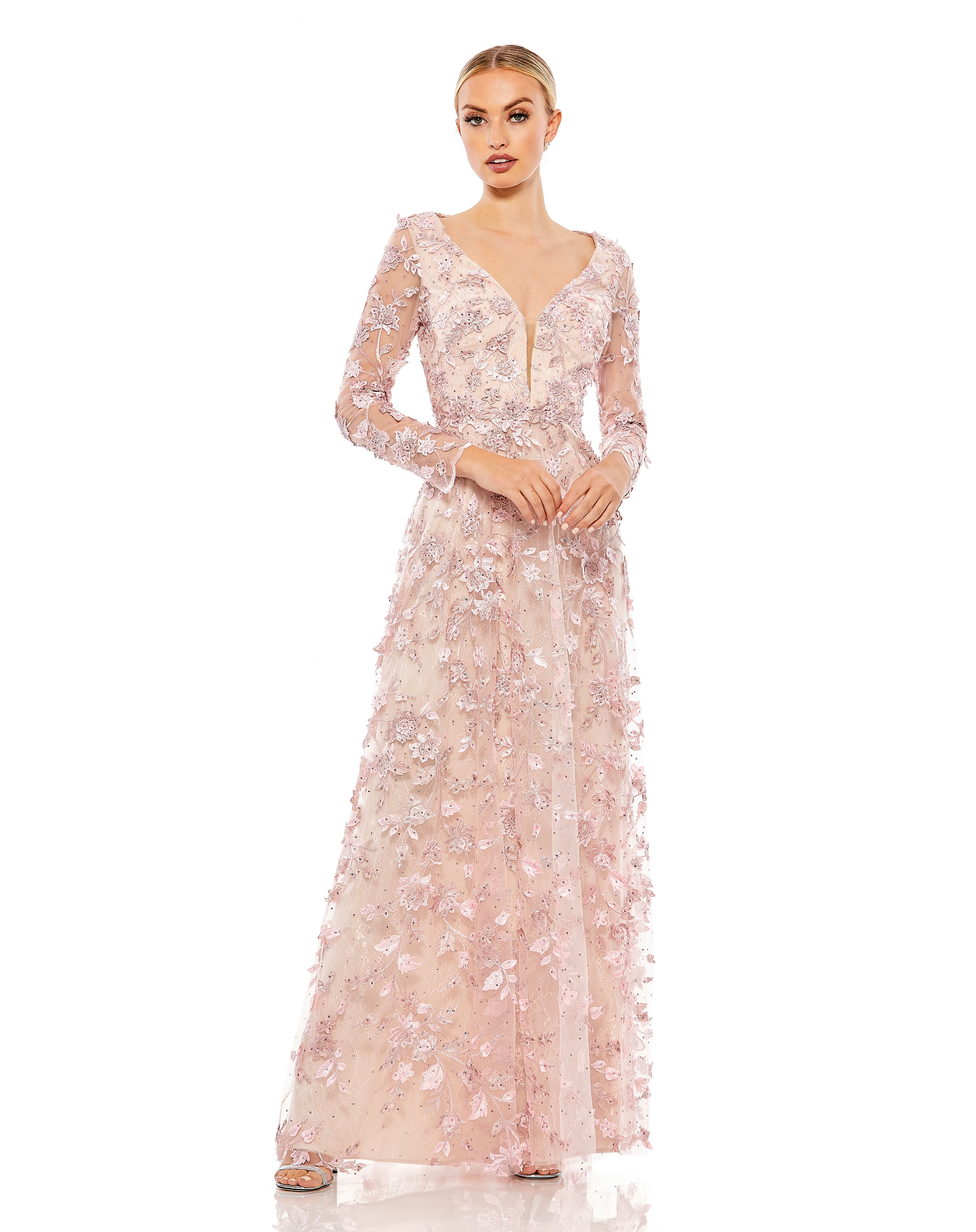 Mac Duggal - Blue Floral Applique Long Sleeve Illusion Gown - US 14 Mac Duggal - Blue Floral Applique Long Sleeve Illusion Gown - US 14