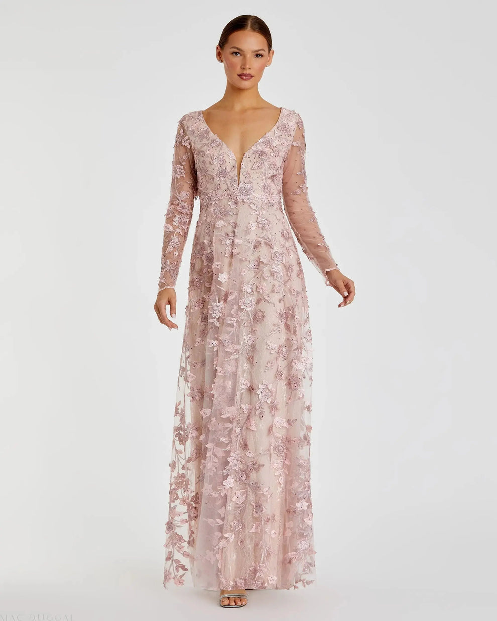 Mother of the Bride Dresses Floral Applique Long Sleeve Formal Mother of the Bride Dress Mac Duggal 70224 Rose Pink
