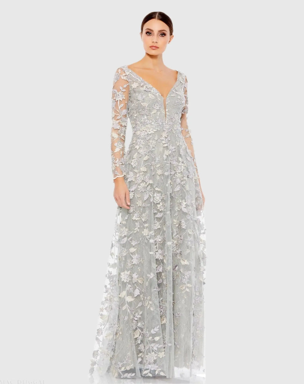 Mother of the Bride Dresses Floral Applique Long Sleeve Formal Mother of the Bride Dress Mac Duggal 70224 Platinum