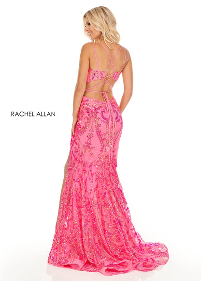 Prom Dresses Fitted Sequins Long Prom Dress Neon Pink