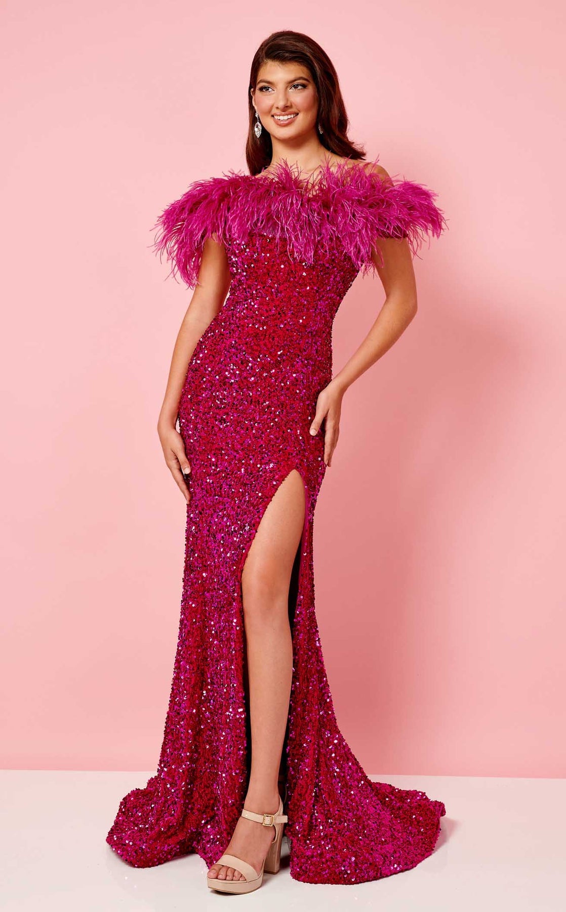 Prom Dresses Velvet Long Formal Sequin Slit Prom Dress Rachel Allan 70280 Fuchsia
