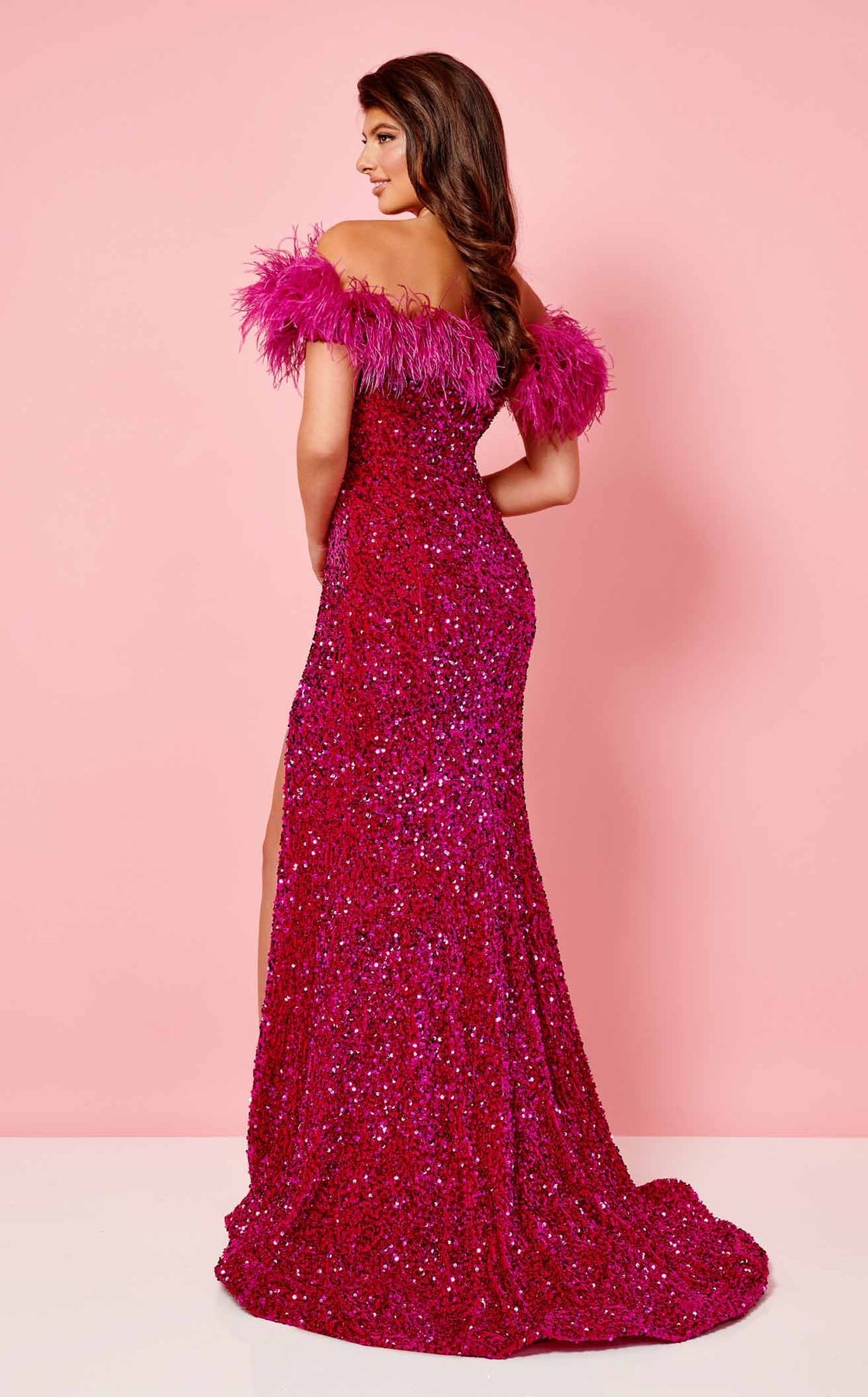 Prom Dresses Velvet Long Formal Sequin Slit Prom Dress Rachel Allan 70280 Fuchsia