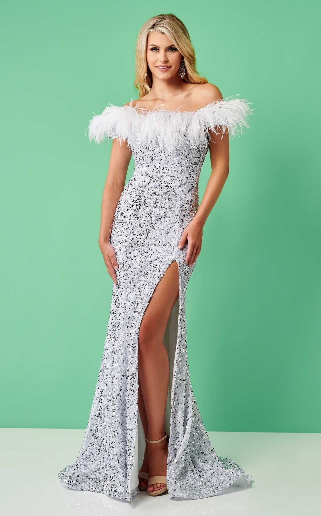 Prom Dresses Velvet Long Formal Sequin Slit Prom Dress Rachel Allan 70280 White Silver