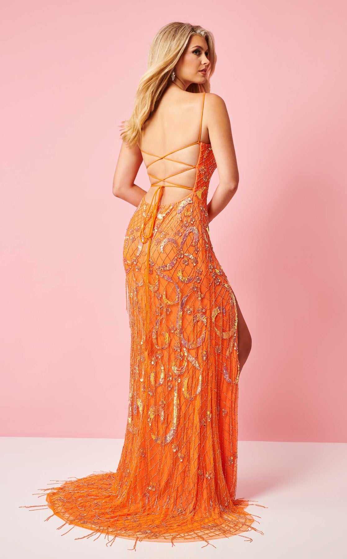 Prom Dresses Beaded Slit Formal Long Prom Dress Rachel Allan 70281 Tangerine