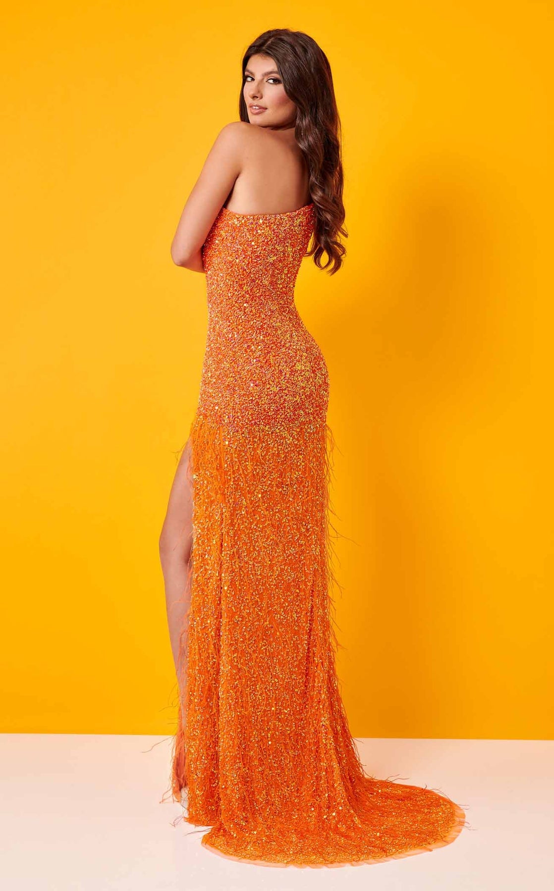 Prom Dresses Long Formal Sequin Beaded Slit Prom Dress Rachel Allan 70287 Tangerine