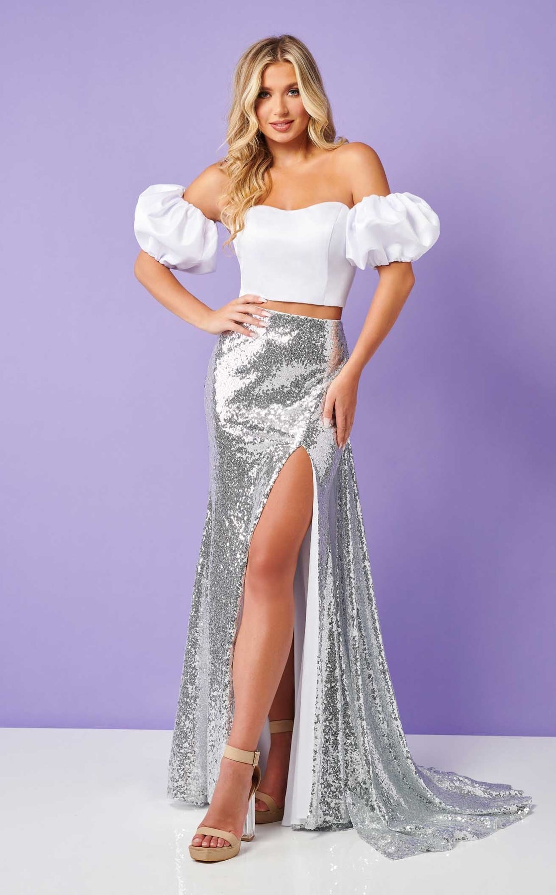 Prom Dresses Two Piece Long Formal Sequin Slit Prom Dress Rachel Allan 70298 White Silver