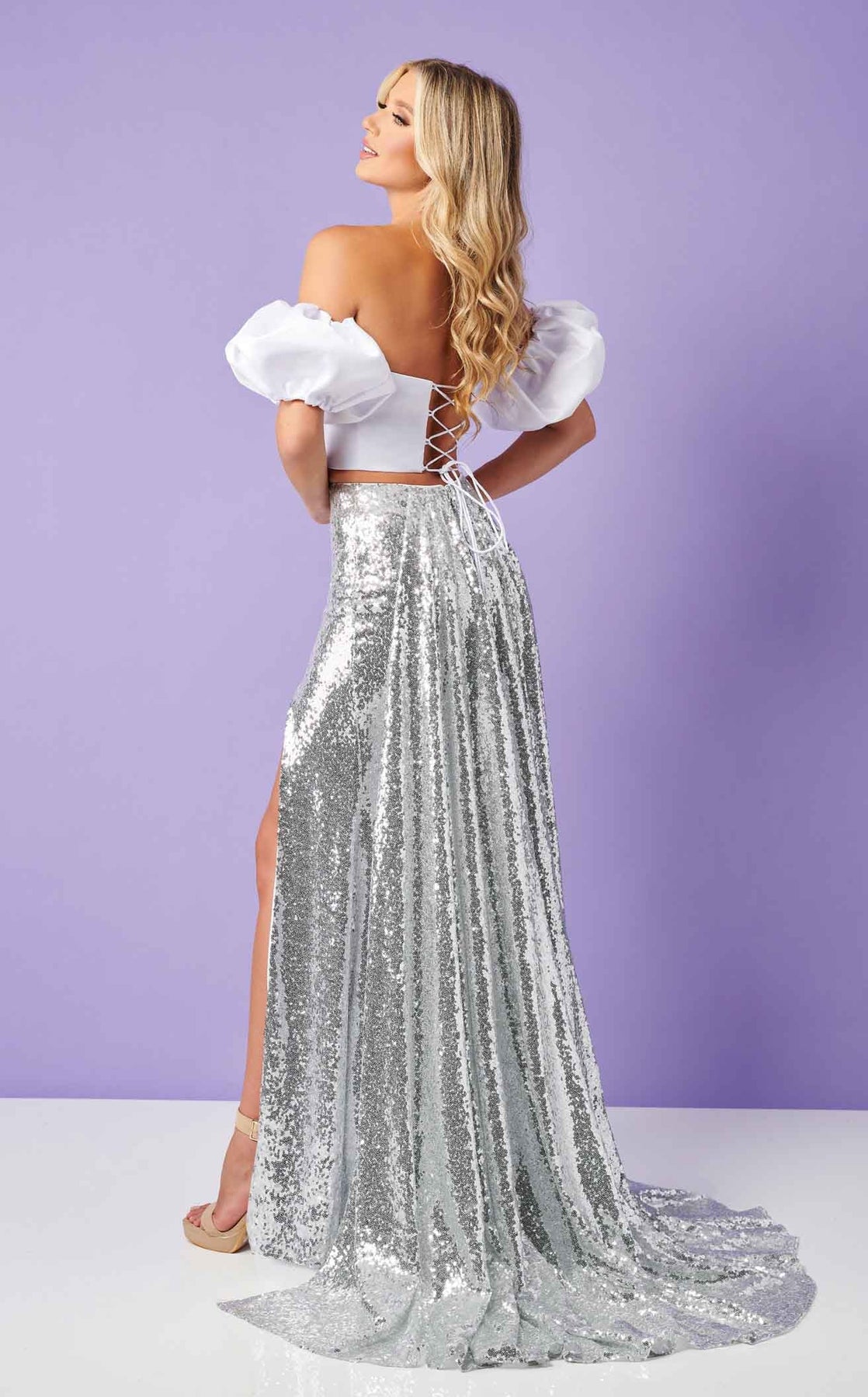 Prom Dresses Two Piece Long Formal Sequin Slit Prom Dress Rachel Allan 70298 White Silver
