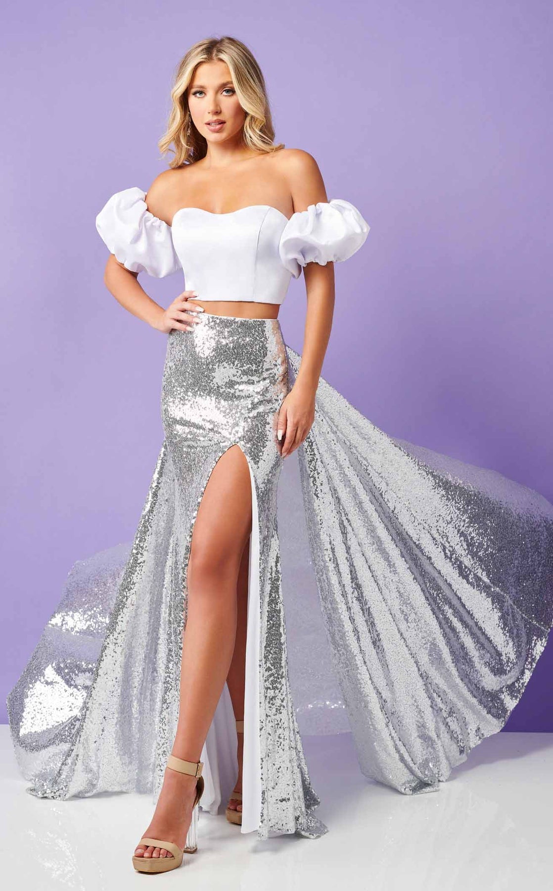 Prom Dresses Two Piece Long Formal Sequin Slit Prom Dress Rachel Allan 70298 White Silver