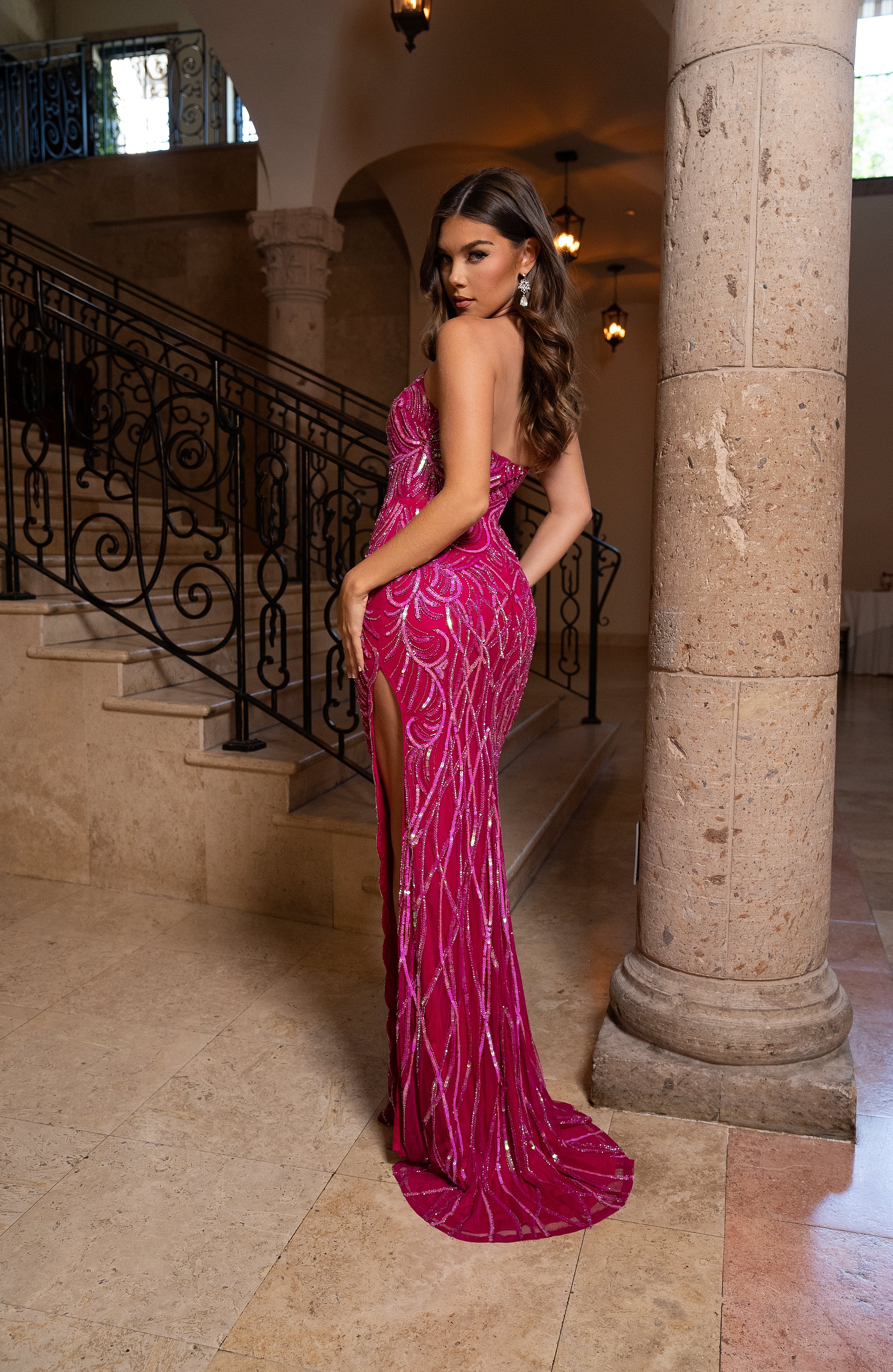 fitted lace wedding dress Rachel Allan 70753 Long Slit Beaded Formal Prom Dress – The Dress Outlet