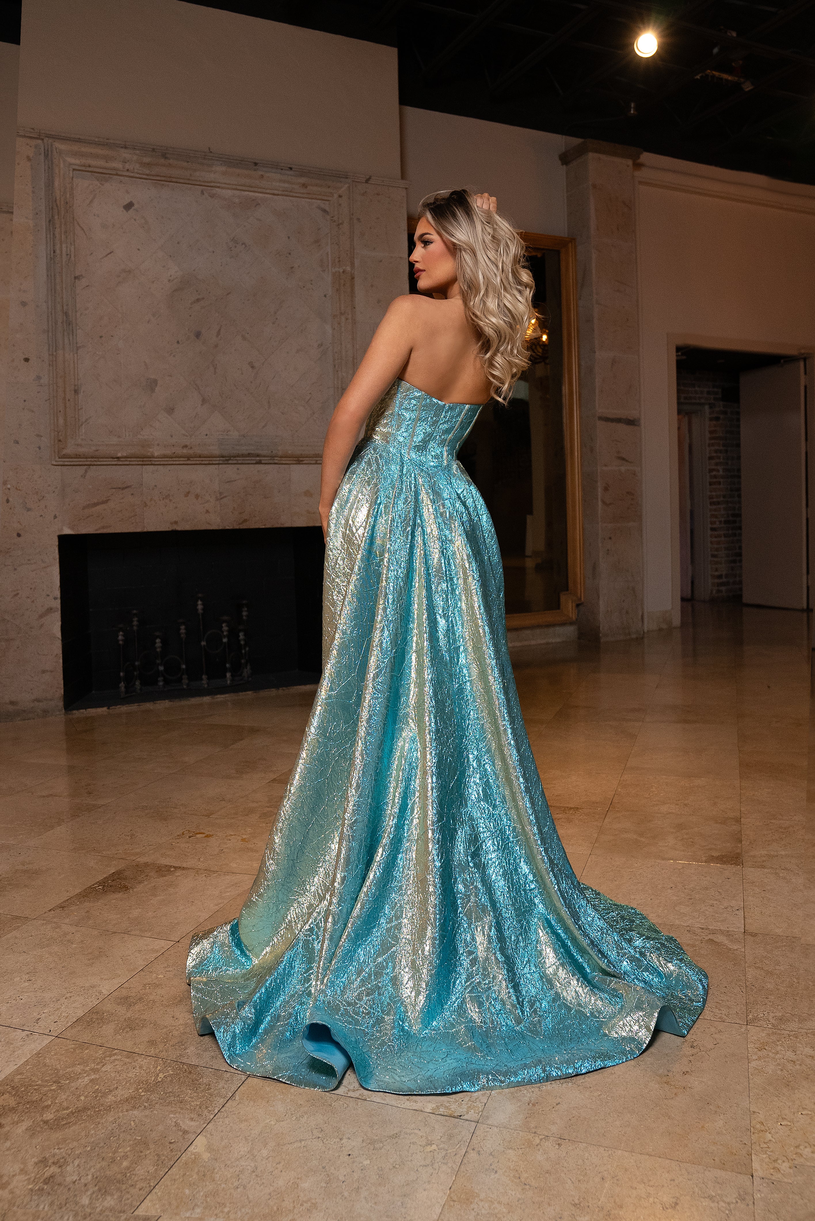 Prom Dresses Long A Line Slit Formal Metallic Prom Dress Turquoise Gold