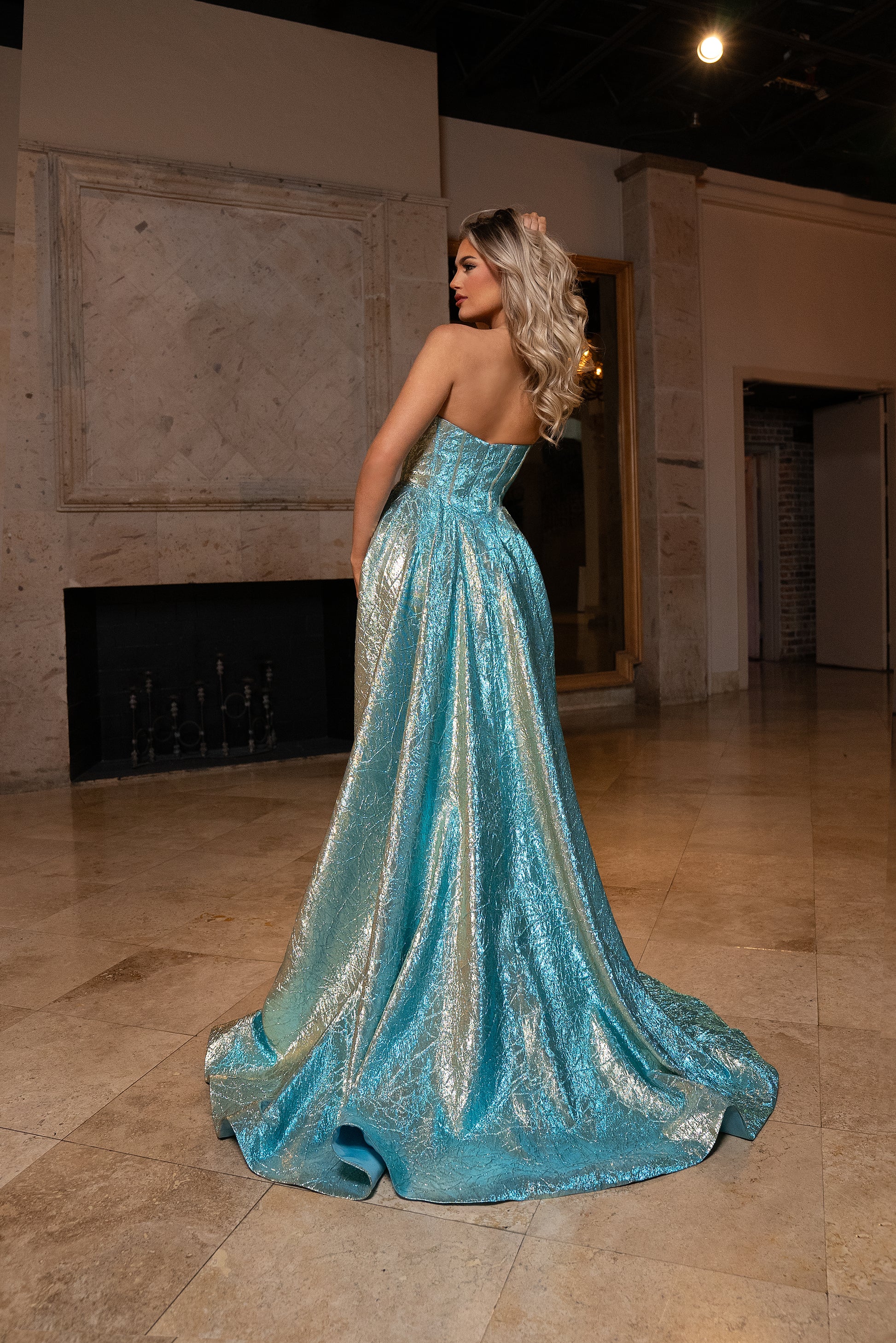 Rachel Allan 70754 Long A Line Slit Formal Metallic Prom Dress