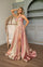 Prom Dresses Long A Line Slit Formal Metallic Prom Dress Blush Gold
