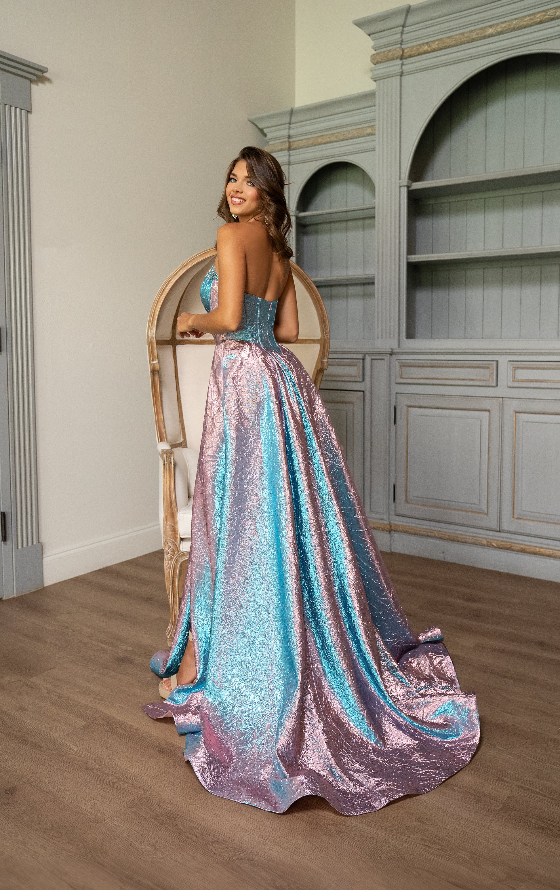 Rachel Allan 70754 Long A Line Slit Formal Metallic Prom Dress
